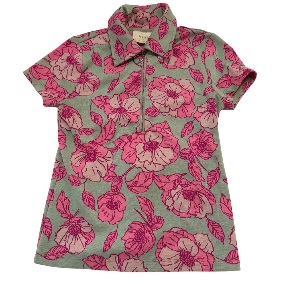 Maeve by Anthropologie colorful blouse floral quarter zip short sleeve flower XS